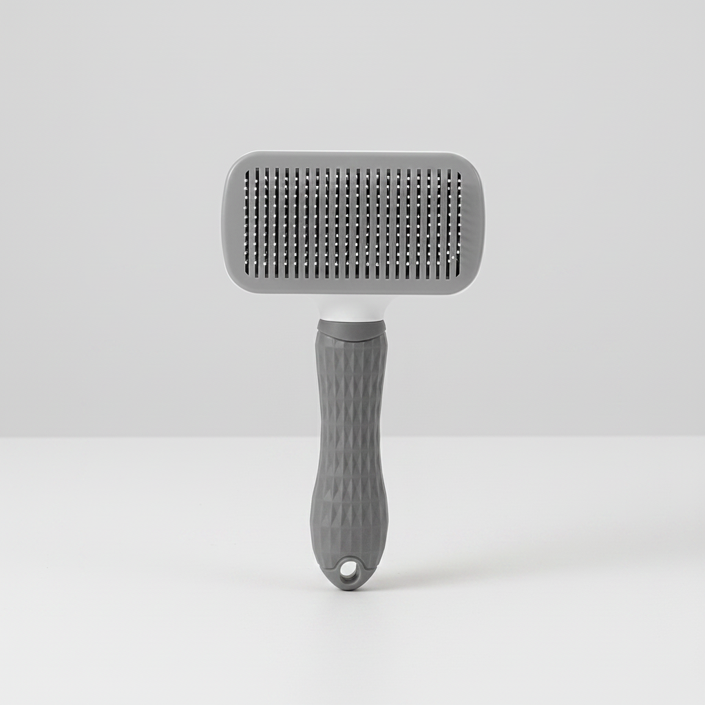 Grey square-head fine needle slicker brush for grooming in shedding season