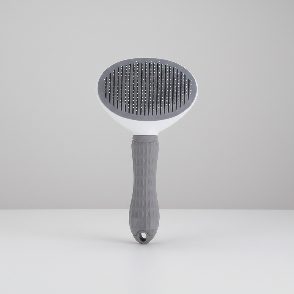 Grey TPR Fine Needle slicker brush that drops collected fur with one button press
