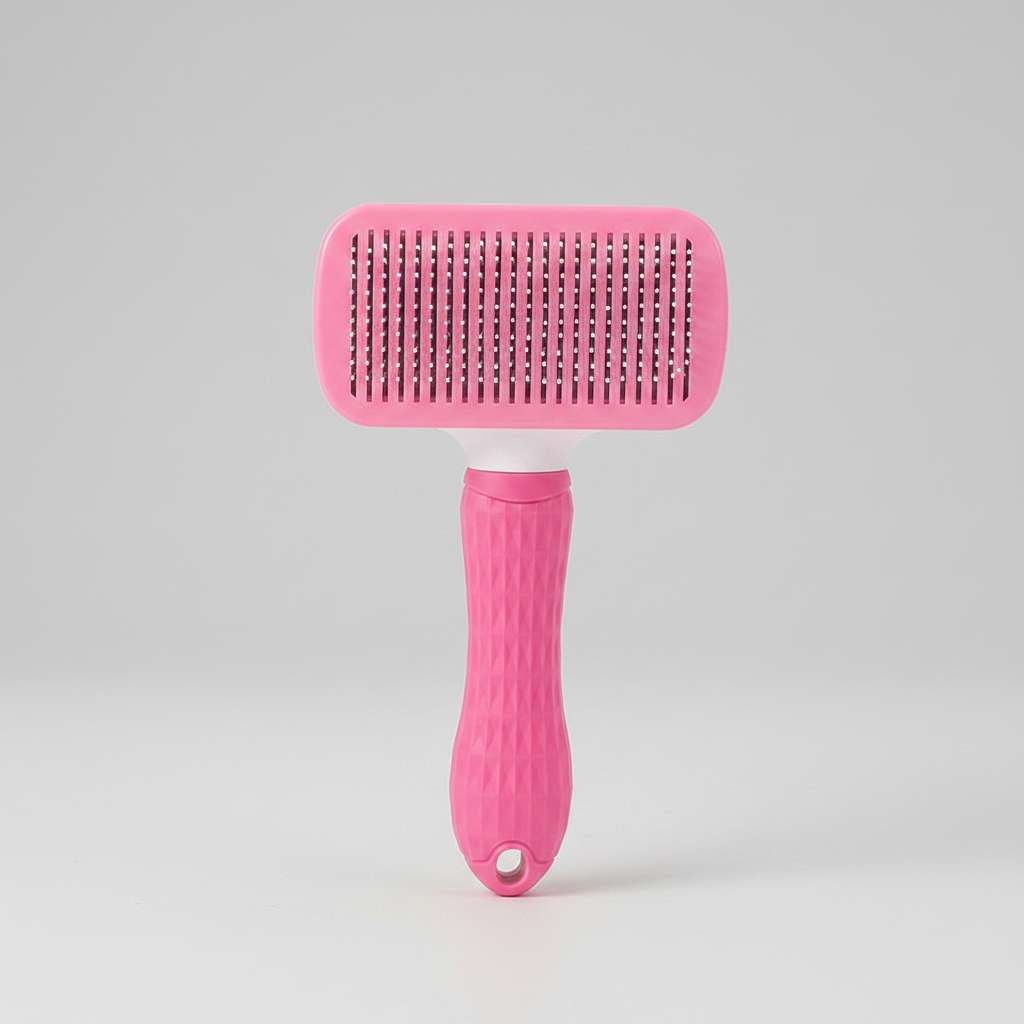 Pink fine needle slicker brush with a square head and a self-cleaning button