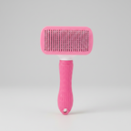 Pink fine needle slicker brush with a square head and a self-cleaning button