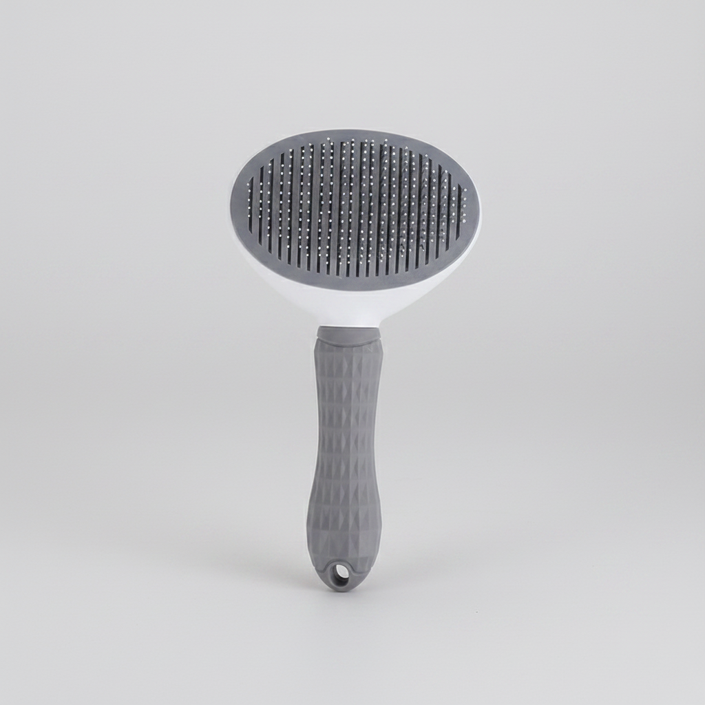 Slicker brush with an ergonomic silicone grip for longer grooming sessions
