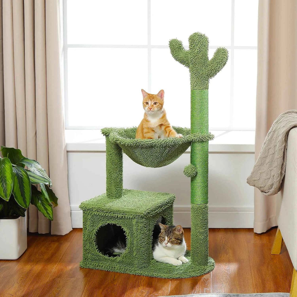 Green cactus cat tree with a condo, a hammock and a scratching post, sold as a small cat tower