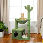 Green cactus cat tree with a condo, a hammock and a scratching post, sold as a small cat tower