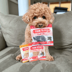 Small dog with a Farm to Pet snack pack sampler of single-ingredient chips