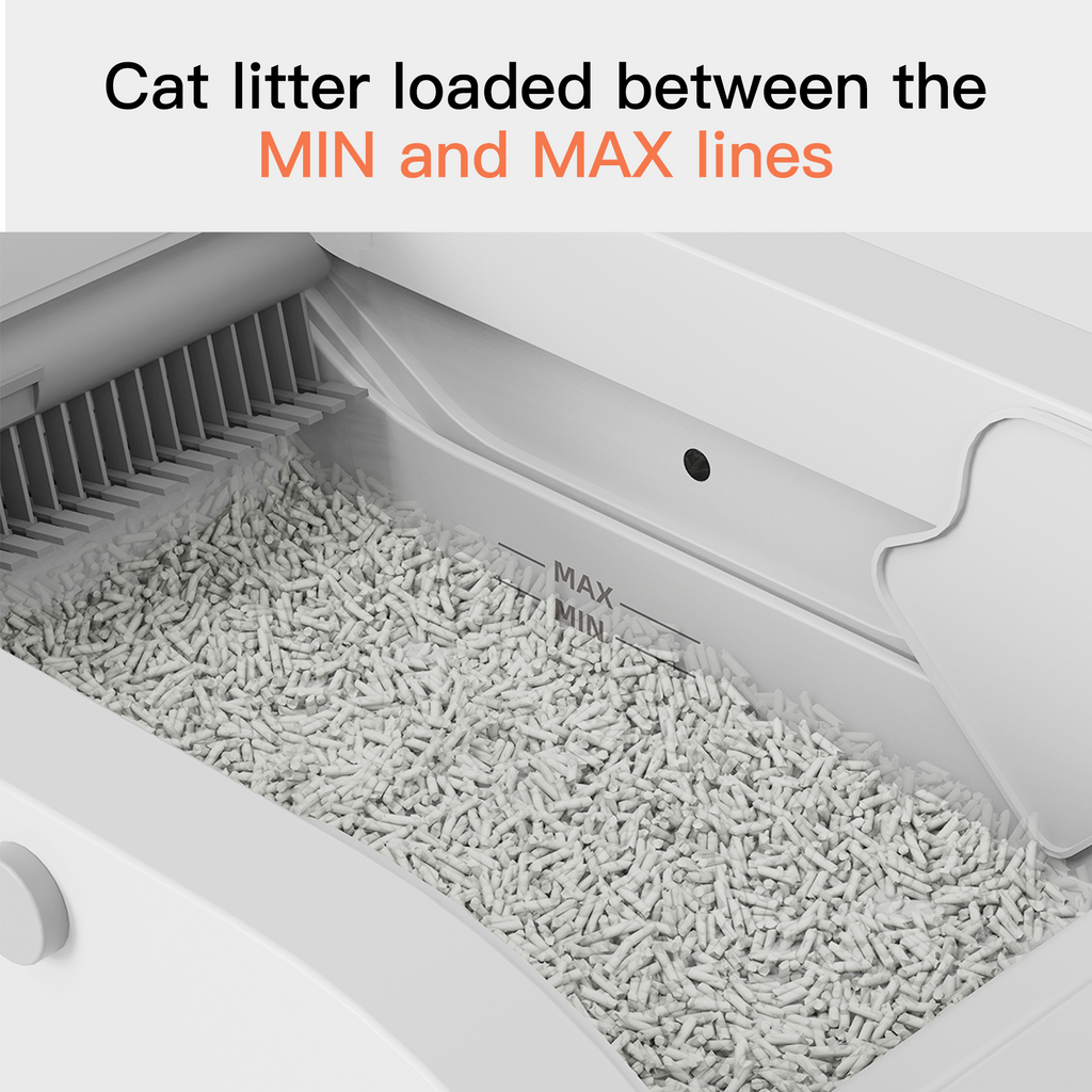Modern white smart cat litter box that blends into living rooms and other home spaces