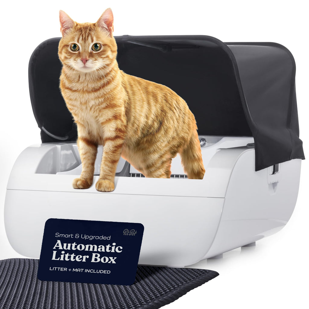 White smart cat litter box with a wide opening, an LED indicator and a built-in usage sensor
