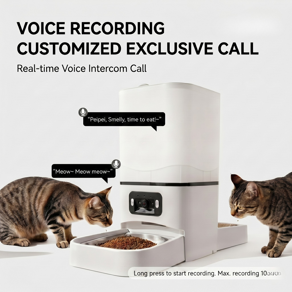 Smart automatic pet feeder with a plastic food bowl and an included AC adapter