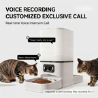 Smart automatic pet feeder with a plastic food bowl and an included AC adapter
