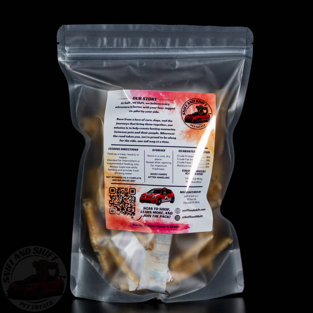 Back view of Sniff and Shift air-dried chicken feet, a crunchy single-ingredient chew for dogs