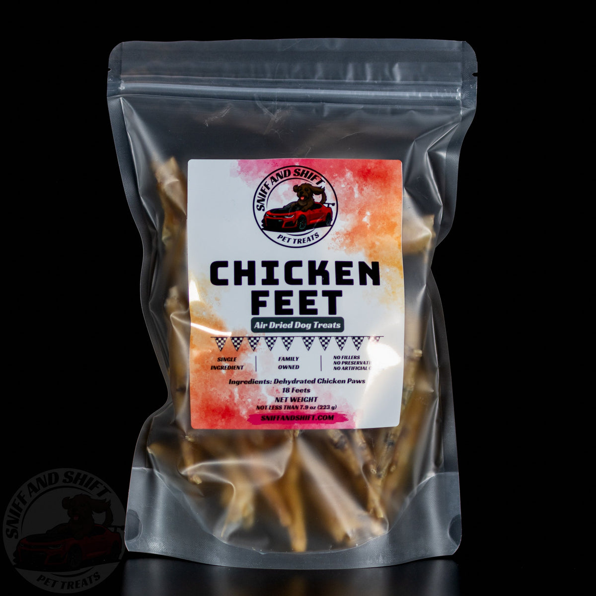 Sniff and Shift air-dried chicken feet dog chews, front view; one ingredient, dried in Malvern, PA