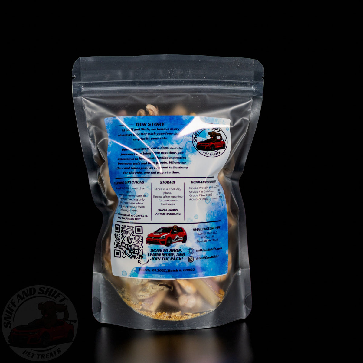 Back view of Sniff and Shift Captain's Catch, freeze-dried squid, octopus, shrimp, clam and mussel