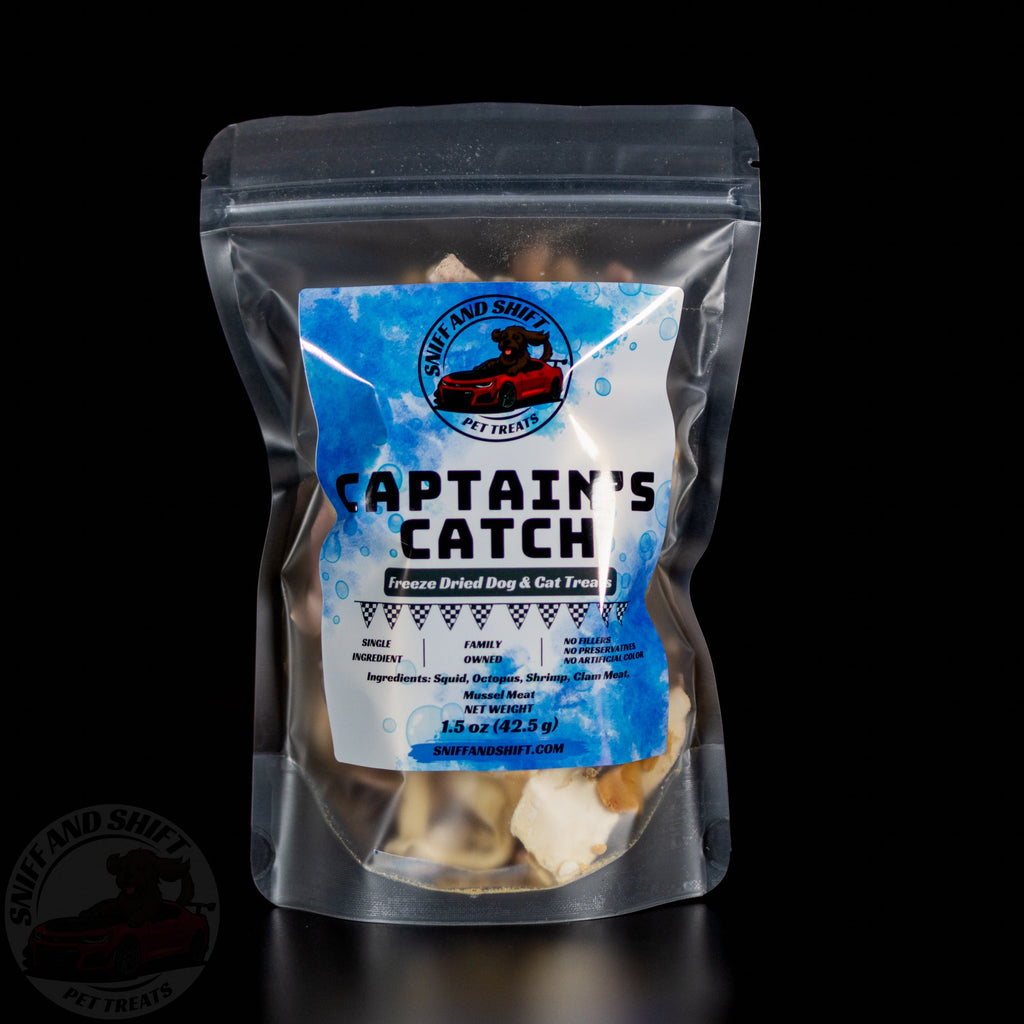Sniff and Shift Captain's Catch freeze-dried seafood medley for dogs and cats, front view, 1.5 oz
