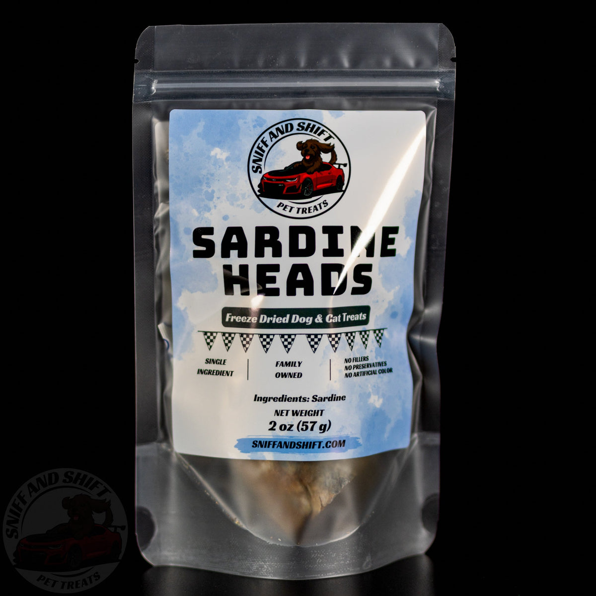 Sniff and Shift freeze-dried sardine heads for dogs and cats, front view; one ingredient, 2 oz