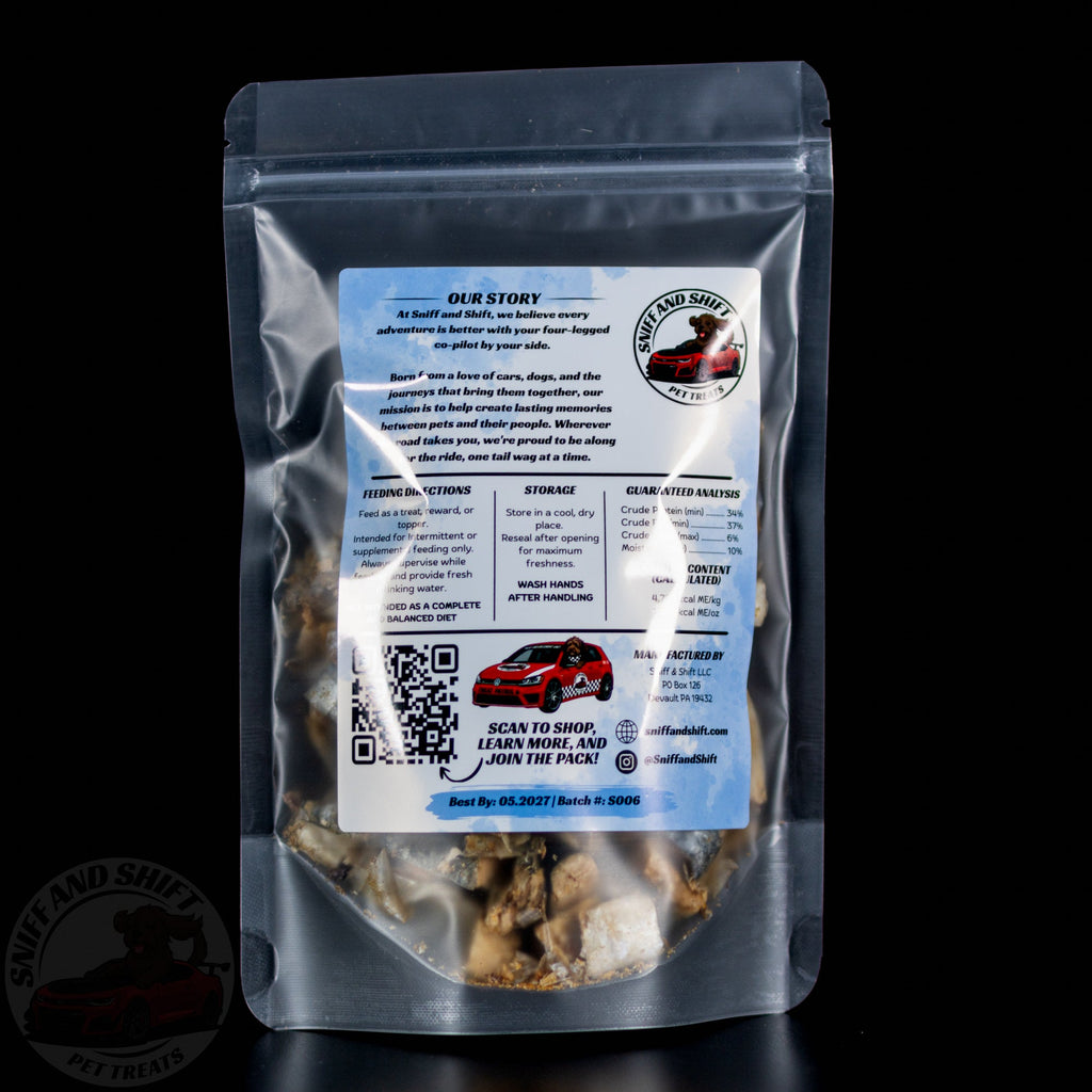 Back view of Sniff and Shift freeze-dried whole sardines, head, tail and bones on, 52% min protein