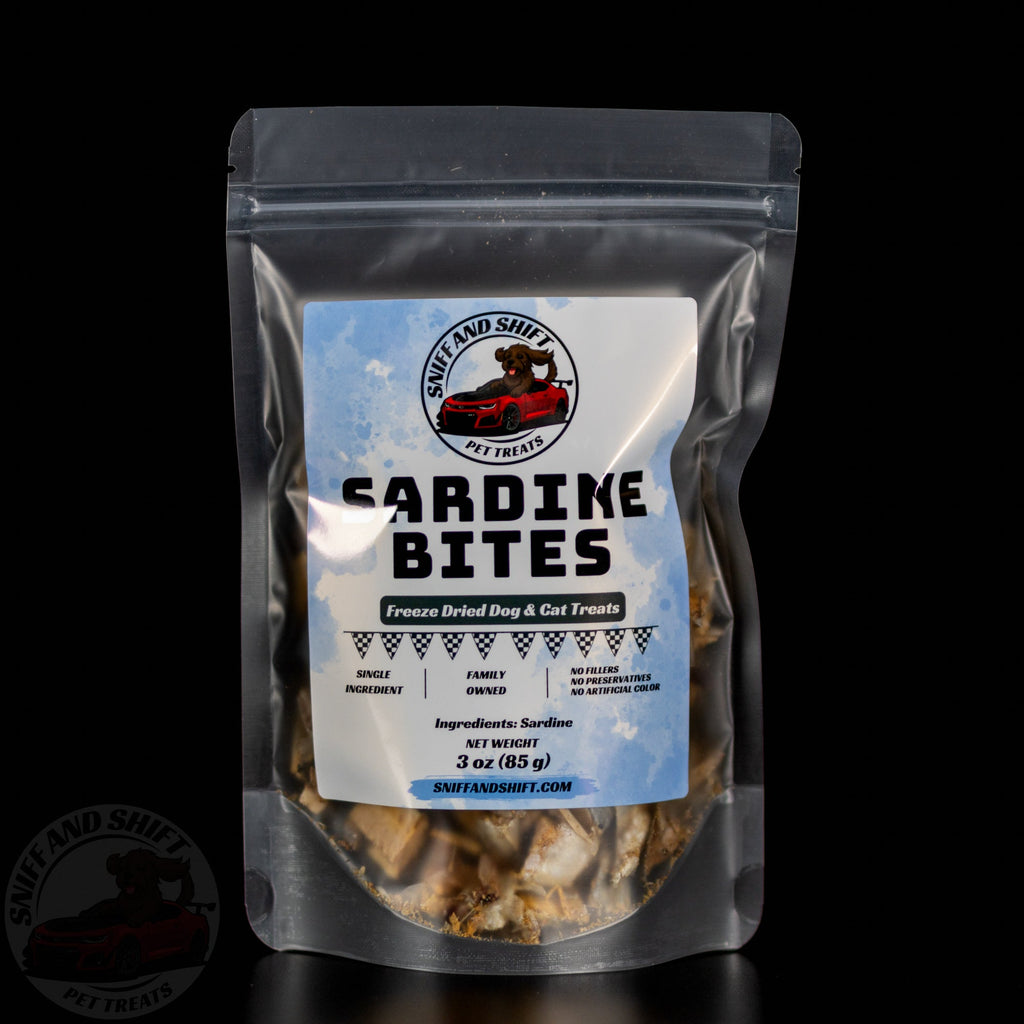 Sniff and Shift freeze-dried whole sardines for dogs and cats, front view; one ingredient, made in PA