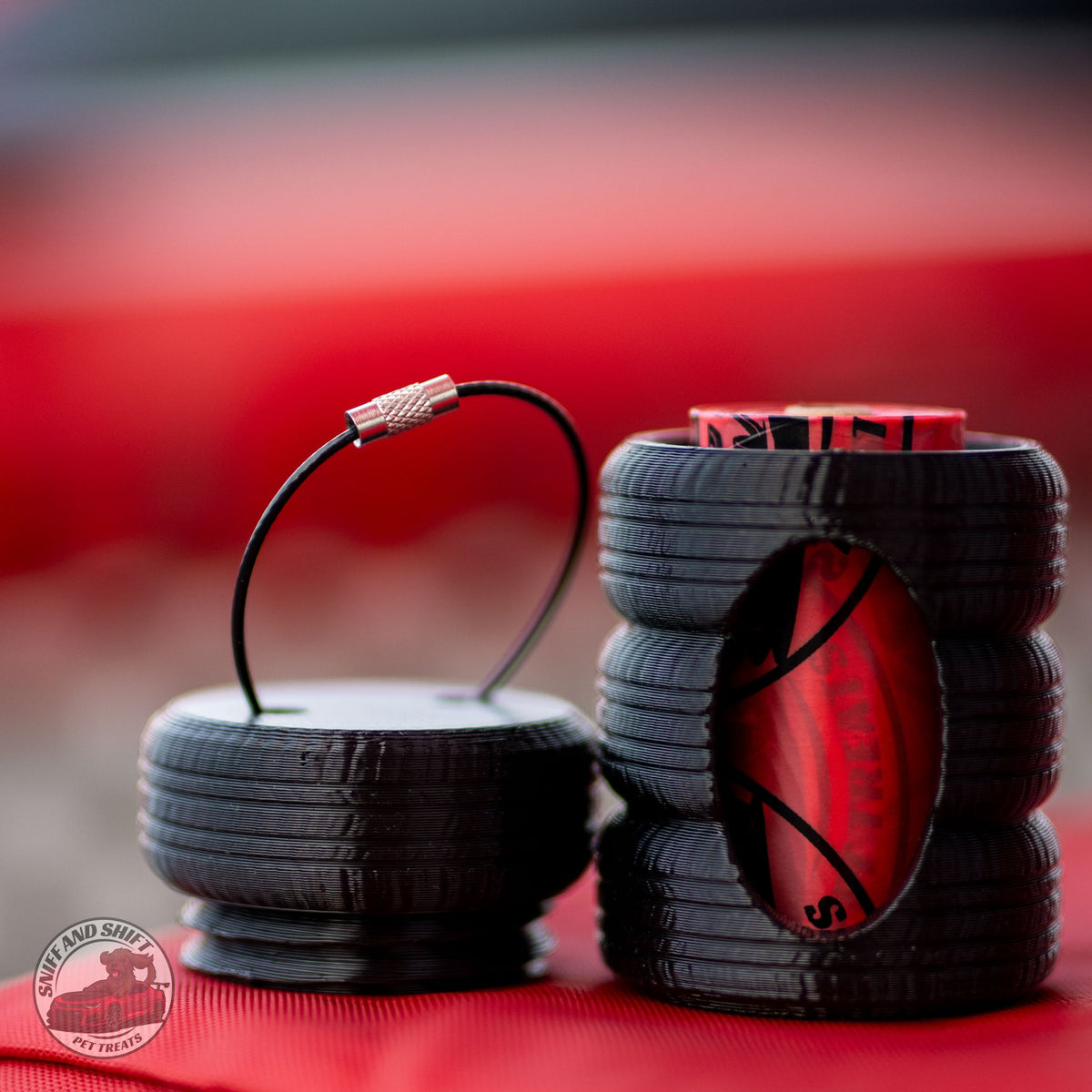 Sniff and Shift Tire Stack poop bag holder with the top tire lid unscrewed for refilling