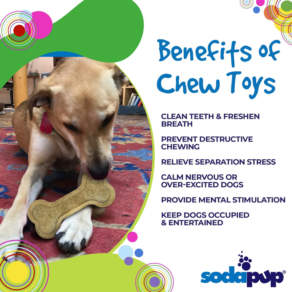 Benefits graphic for the SodaPup Nylon Bone eChew chew toy for heavy chewing dogs