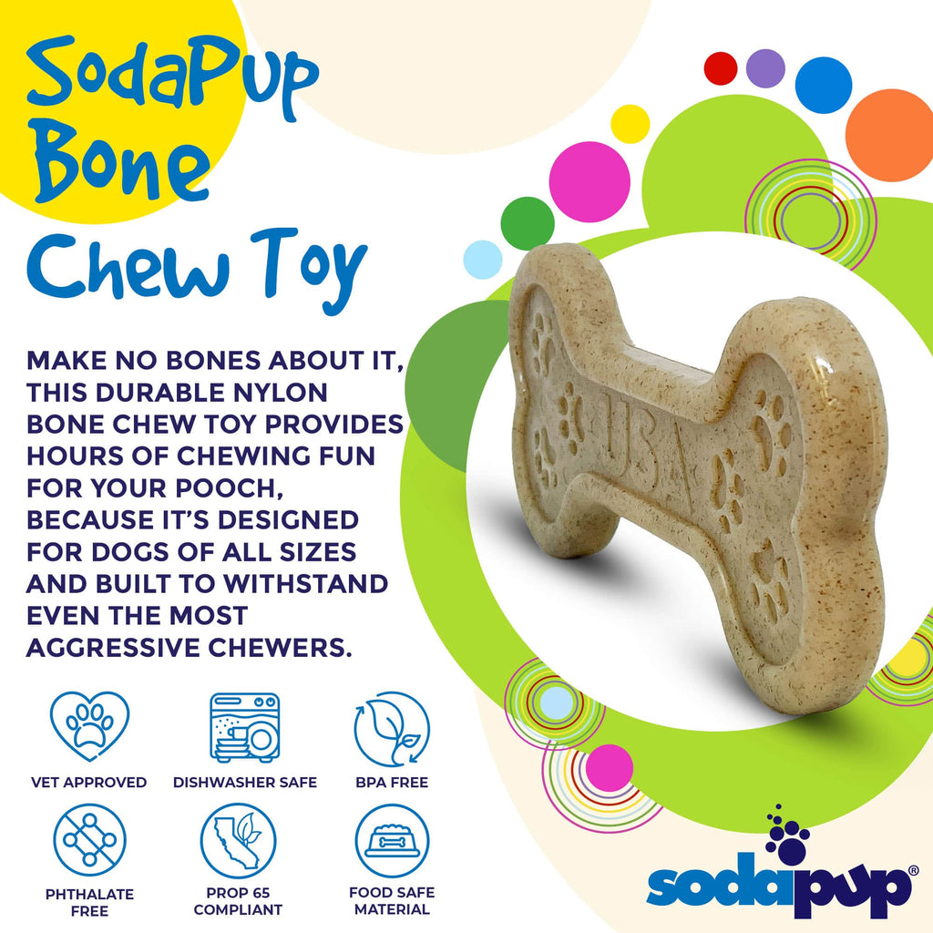 Product synopsis for the SodaPup Nylon Bone eChew, a durable chew toy for dogs