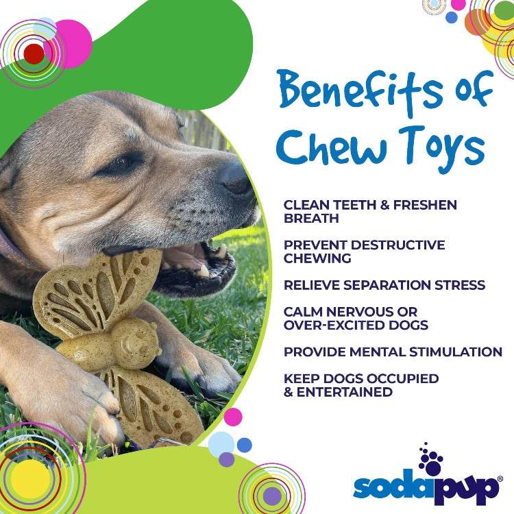 Benefits graphic for the brown SodaPup Nylon Butterfly eChew for chewing and licking