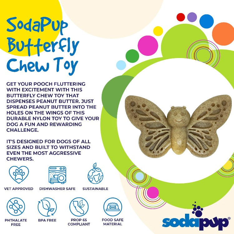 Product synopsis for the brown SodaPup Nylon Butterfly eChew chew and enrichment toy