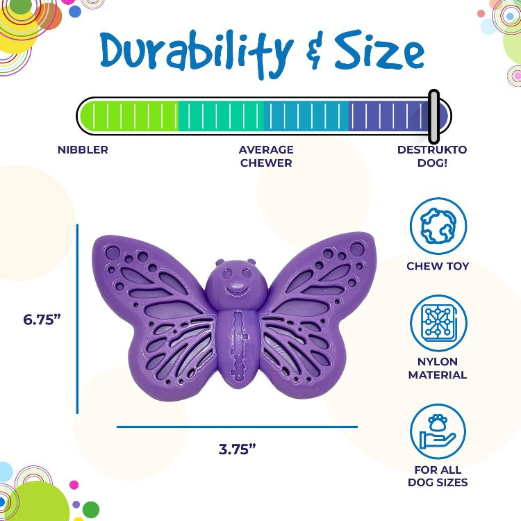 Durability and size graphic for the purple SodaPup Nylon Butterfly eChew dog toy