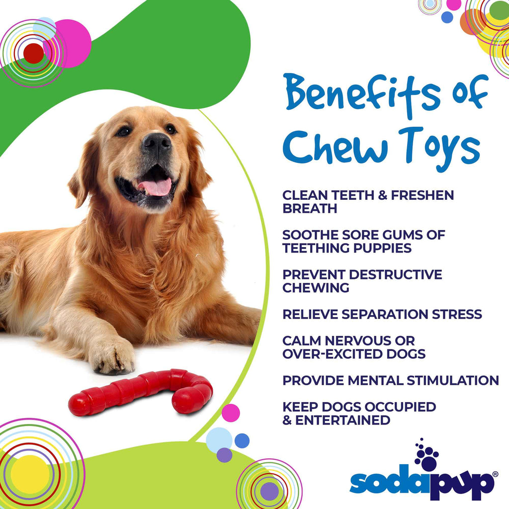 Benefits graphic for the SodaPup Nylon Candy Cane, a festive red chew toy for heavy chewers