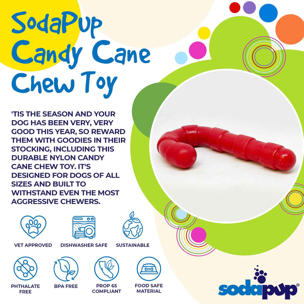 Product synopsis graphic for the red SodaPup Nylon Candy Cane chew toy for dogs 15 to 80 lb