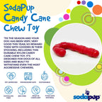 Product synopsis graphic for the red SodaPup Nylon Candy Cane chew toy for dogs 15 to 80 lb