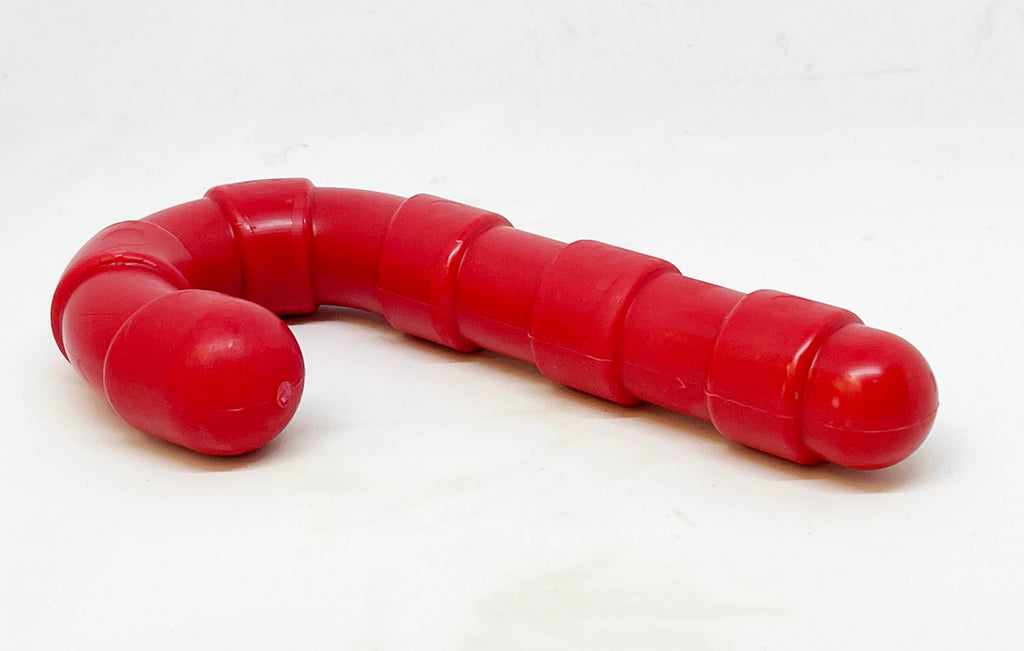SodaPup red candy cane dog toy with a textured surface, sized for dogs 15 to 80 pounds