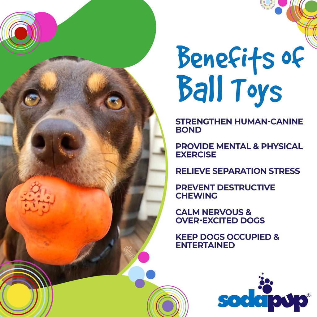 Benefits graphic for the orange SodaPup Crazy Bounce, a fetch ball with an erratic bounce