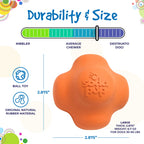 Durability and size graphic for the orange Crazy Bounce: 2.875 in across, 6.7 oz, by SodaPup