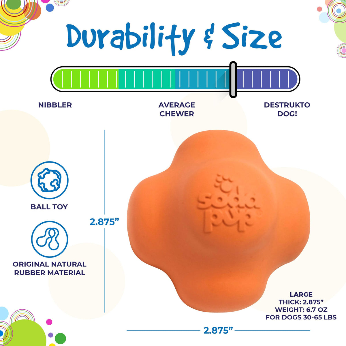 Durability and size graphic for the orange Crazy Bounce: 2.875 in across, 6.7 oz, by SodaPup