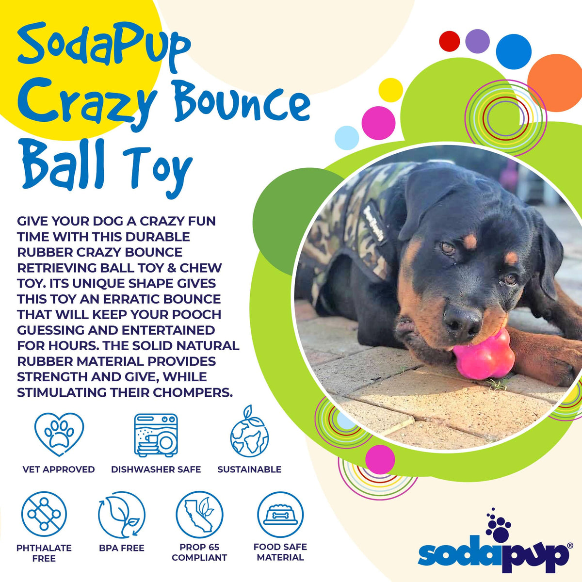 Product synopsis graphic for the SodaPup Crazy Bounce solid rubber chew and retrieving ball