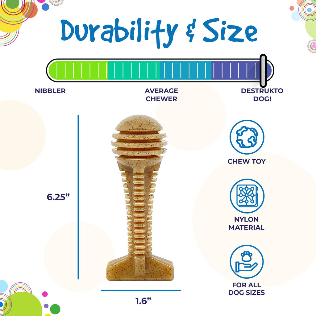 Durability and size graphic for the SodaPup Honey Bone Dental Tower Large nylon chew toy