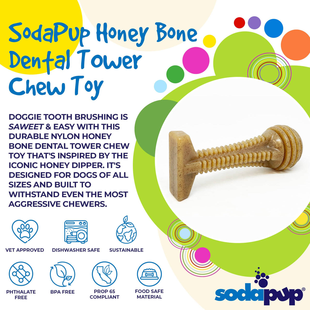 Product synopsis graphic for the brown SodaPup Honey Bone Dental Tower nylon chew, Large