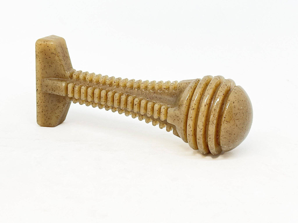 Brown ridged SodaPup nylon chew toy; inspect it often and replace it once it is worn down