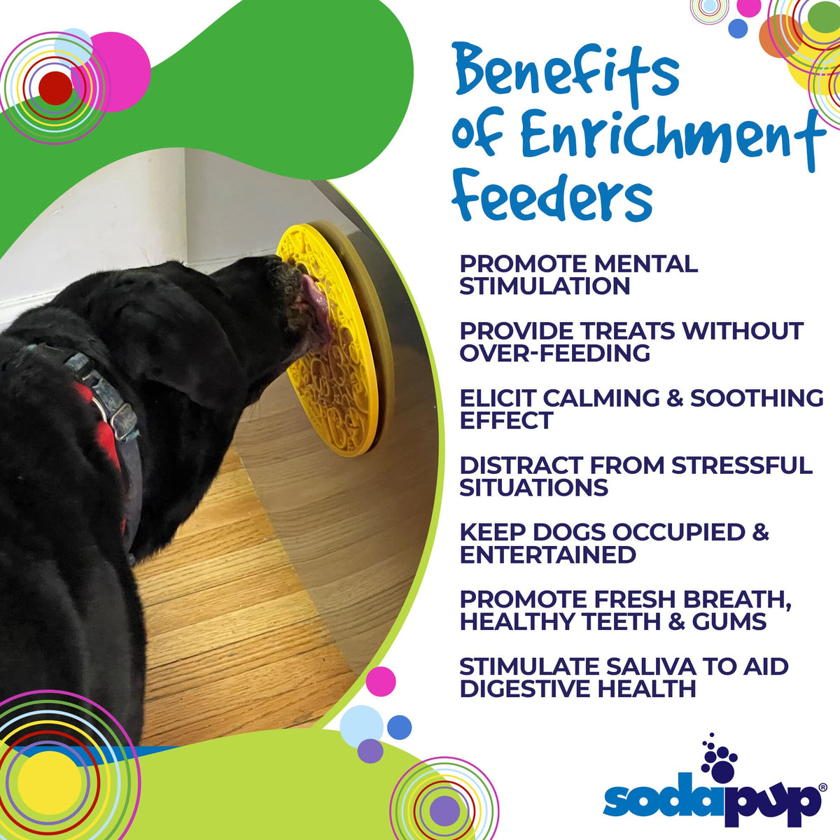 Benefits graphic for the SodaPup Duckies eMat enrichment lick mat with suction cups