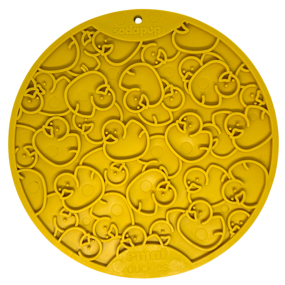 SodaPup Duckies eMat lick mat in yellow with a raised rubber duckie pattern and suction cups