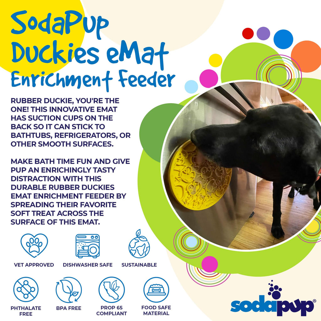 Product synopsis for the SodaPup Duckies eMat, a yellow suction cup lick mat for dogs and cats