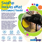 Product synopsis for the SodaPup Duckies eMat, a yellow suction cup lick mat for dogs and cats