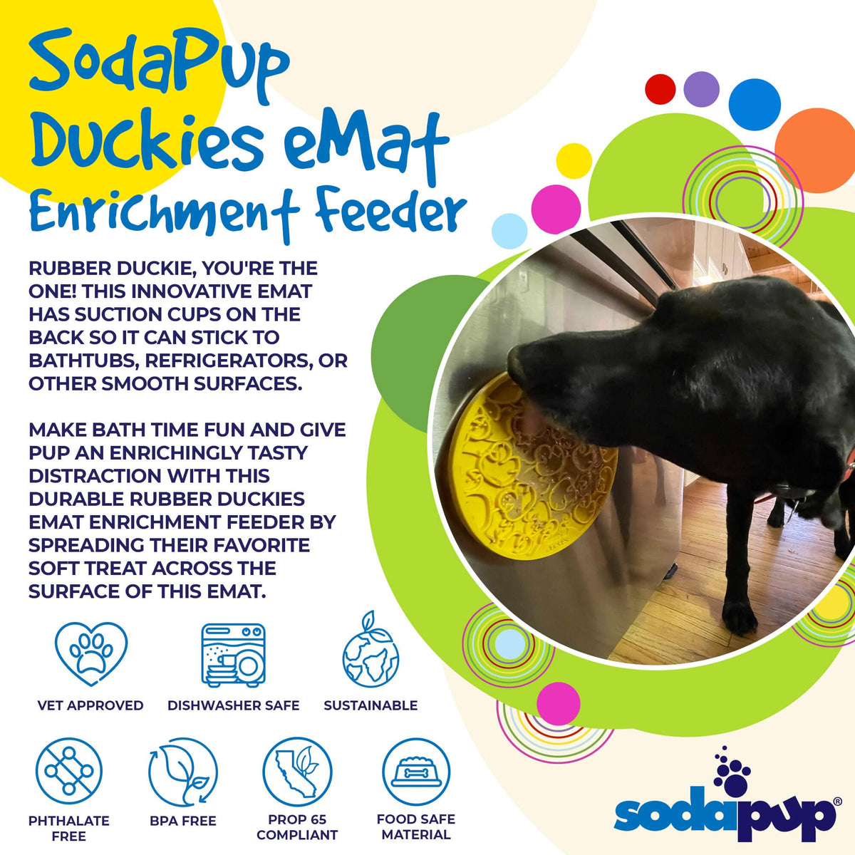 Product synopsis for the SodaPup Duckies eMat, a yellow suction cup lick mat for dogs and cats