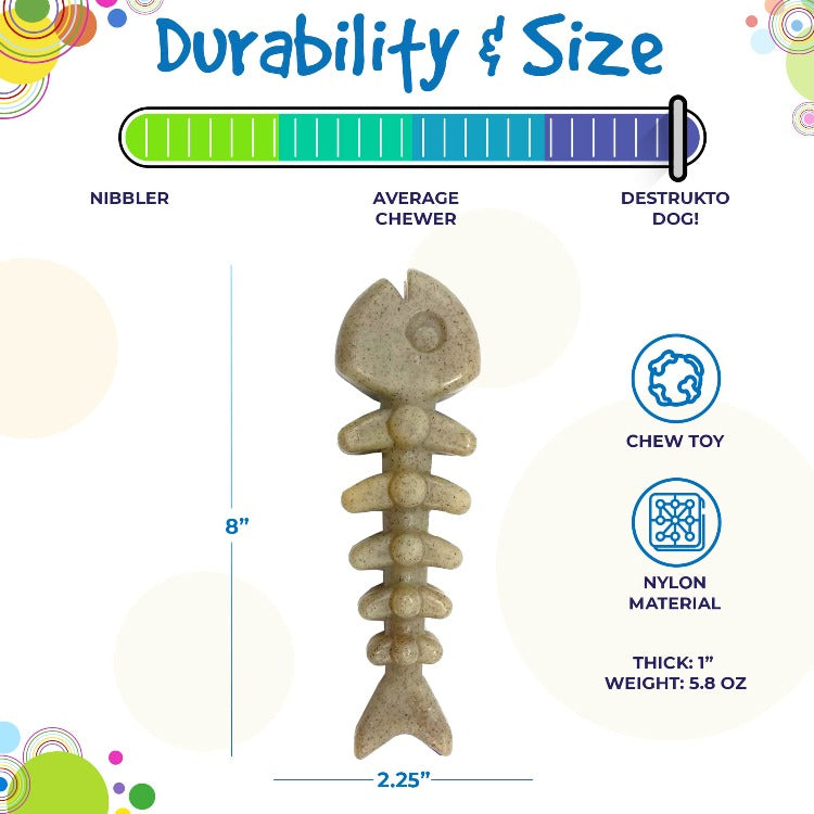 Durability and size graphic for the brown SodaPup Fish Bone nylon chew, 8 inches long