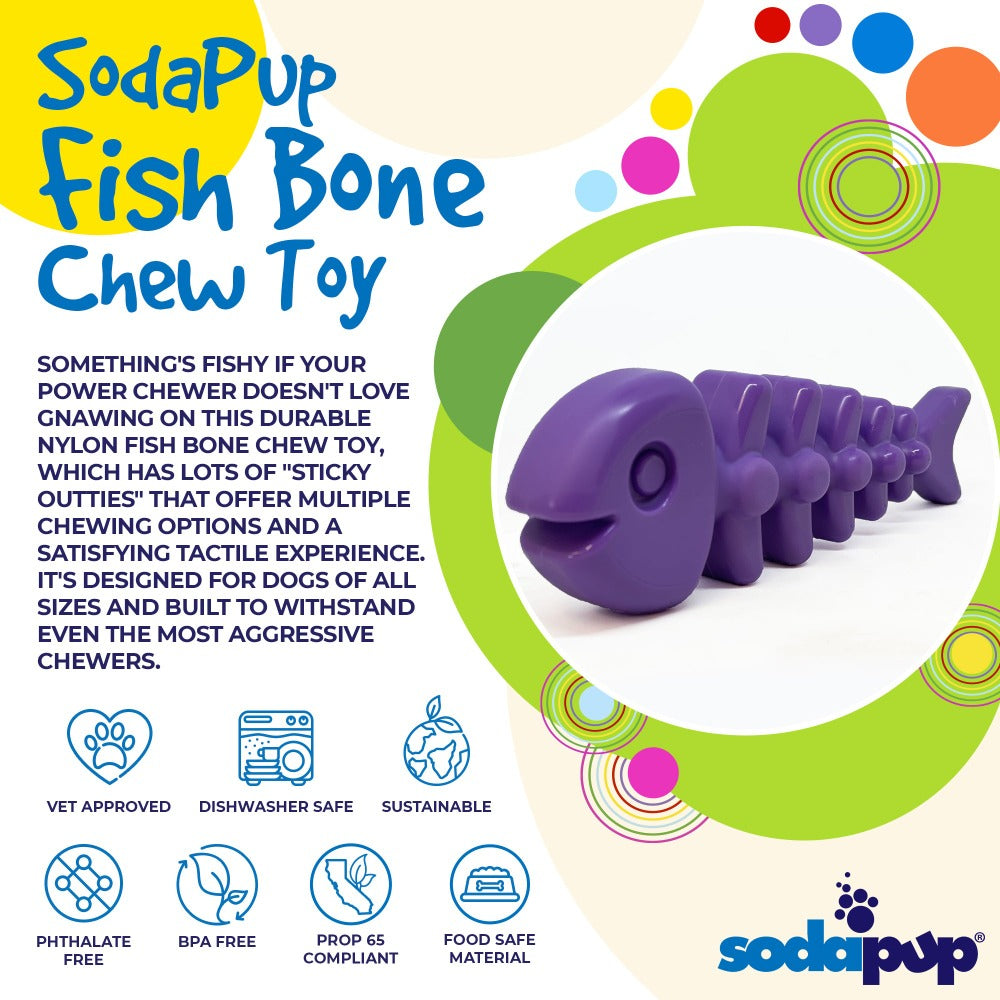 Product synopsis graphic for the purple SodaPup Fish Bone nylon chew toy