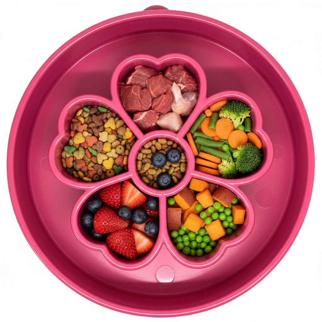 Pink SodaPup Flower eBowl slow feeder dog bowl that can be filled with kibble, wet food or broth