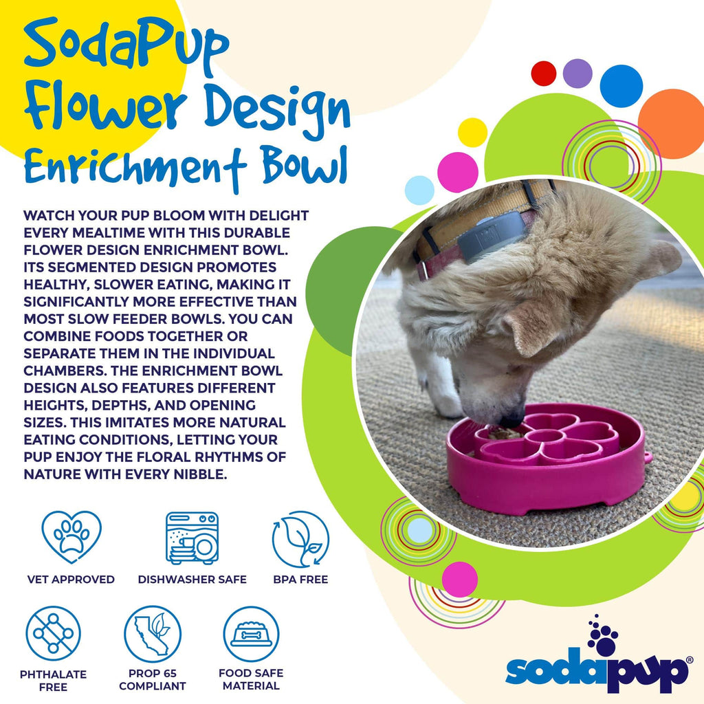 Product synopsis graphic for the pink SodaPup Flower eBowl enrichment slow feeder bowl