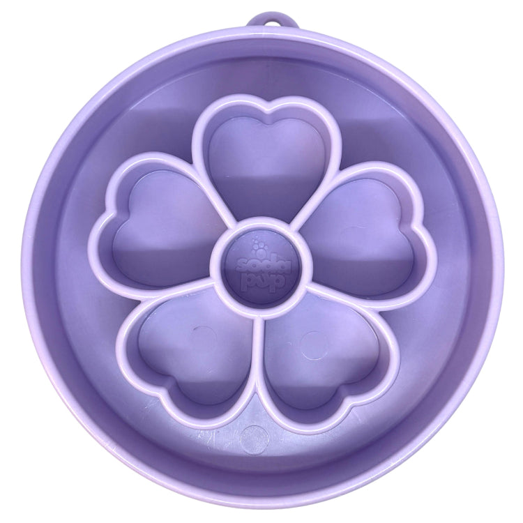 SodaPup Flower eBowl in pastel purple, a 2-inch-deep slow feeder for medium and large dogs
