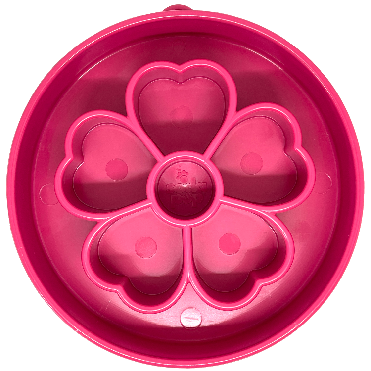 SodaPup Flower eBowl slow feeder dog bowl in pink with raised petal-shaped ridges