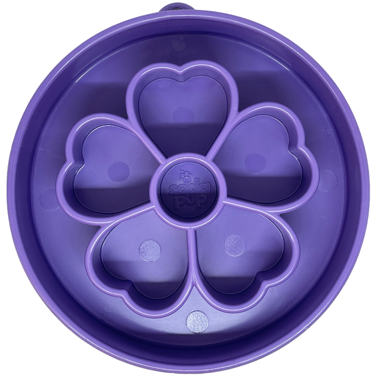 Purple SodaPup Flower eBowl, a made-in-USA TPE slow feeder bowl that holds about 4 cups