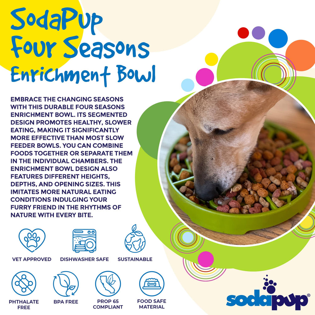 Product synopsis graphic for the green SodaPup Four Seasons eTray enrichment slow feeder
