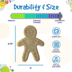 Durability and size graphic for the SodaPup Gingerbread Man chew toy, for dogs 15 to 80 lb